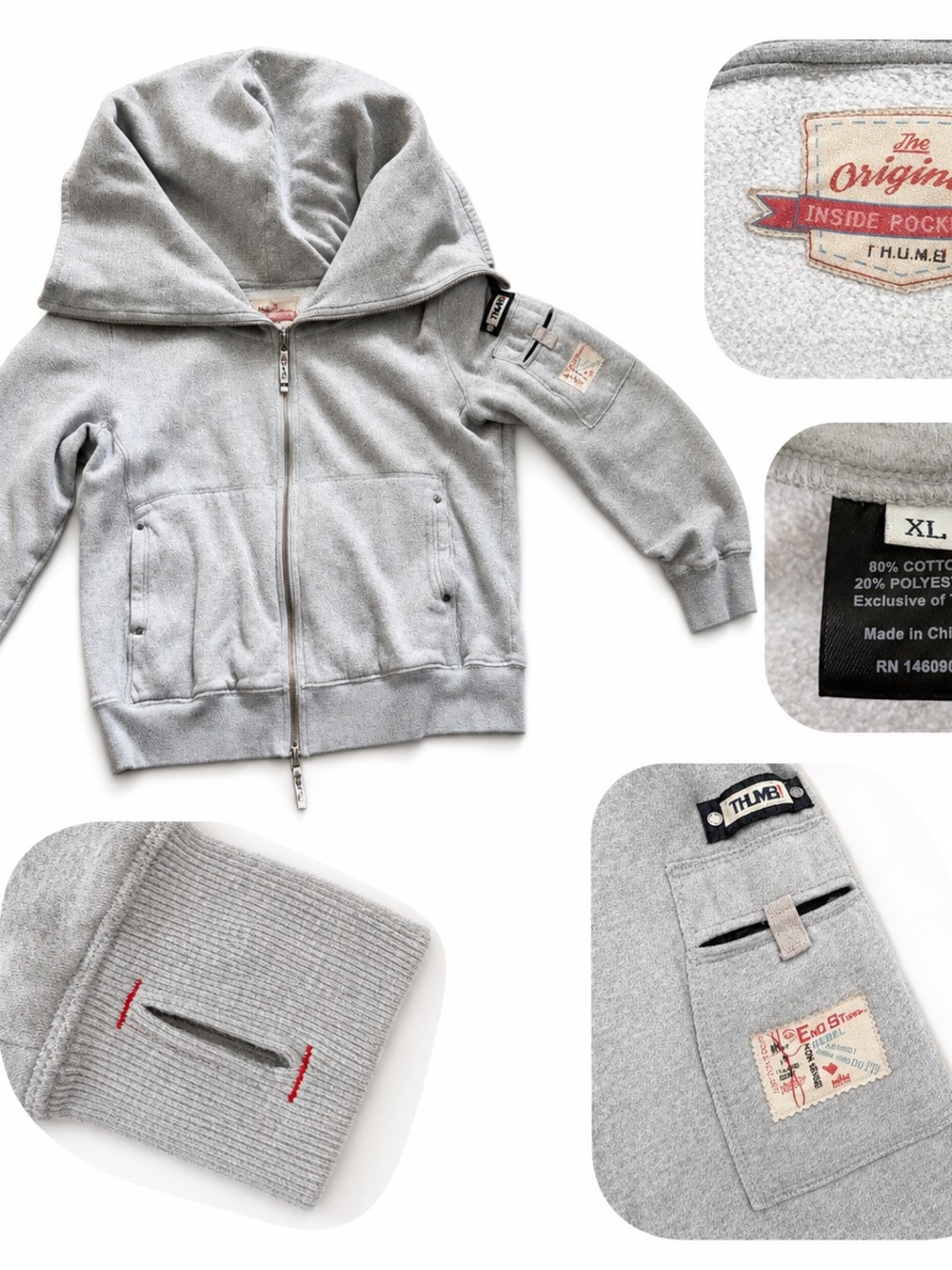 The Original Inside Pocket Co. Gray Zip Hoodie Jacket XL Utility Pockets